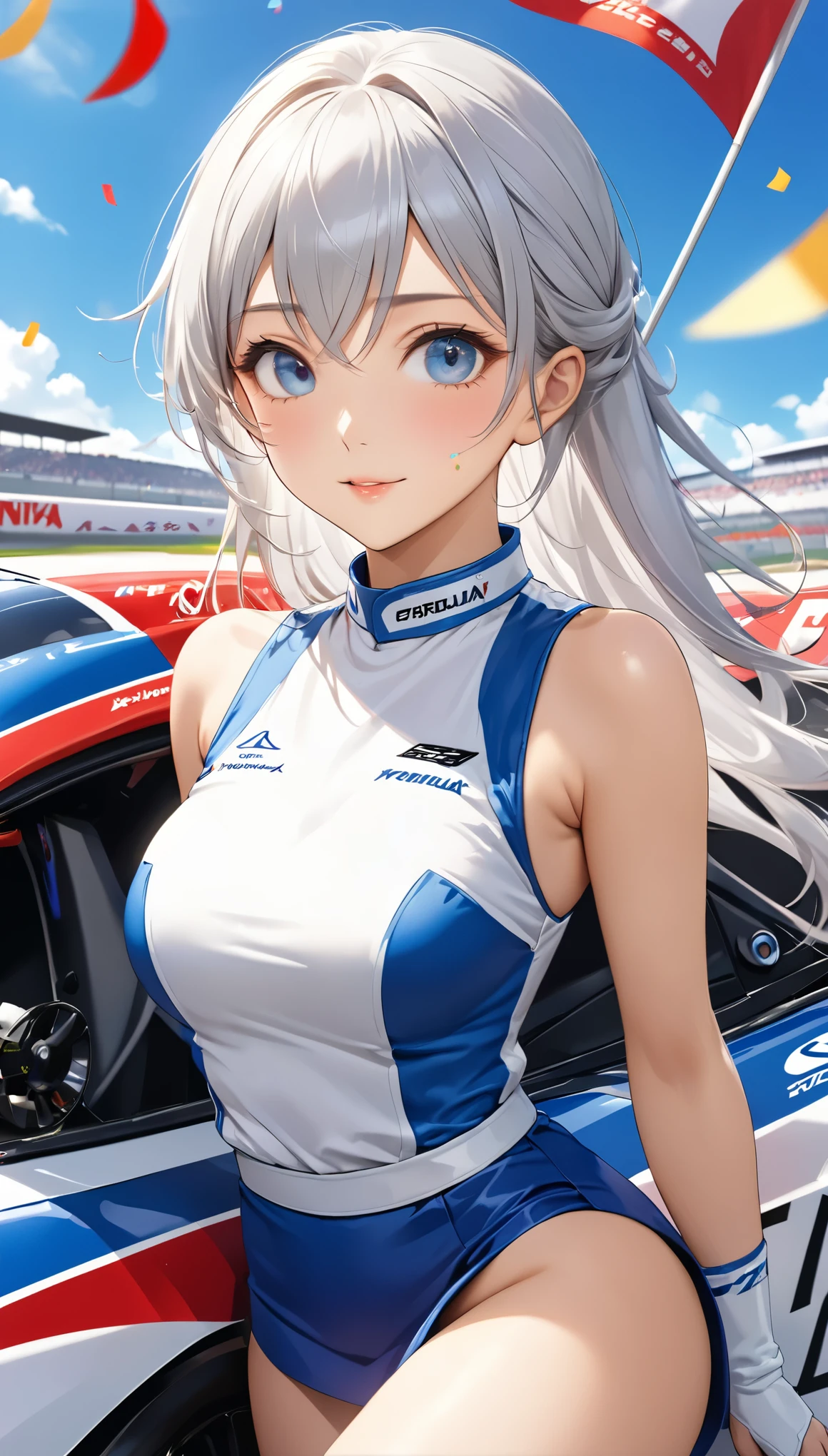 Highest quality, Super quality, 16K, Incredibly absurd, Very detailed, 2.5D, delicate and dynamic, blue sky, Confetti, Racing Car, Flag, Small face, Extremely delicate facial expression, Delicate eye depiction, Extremely detailed hair, Upper body close-up, sole sexy lady, healthy shaped body, 22 years old lady, Race Queen, 170cm tall, big firm bouncing busts, white silver long hair, sexy long legs, 派手なRace Queenのコスチューム, blue tight skirt, white leather long boots, Formula 1, Auto Racing Track