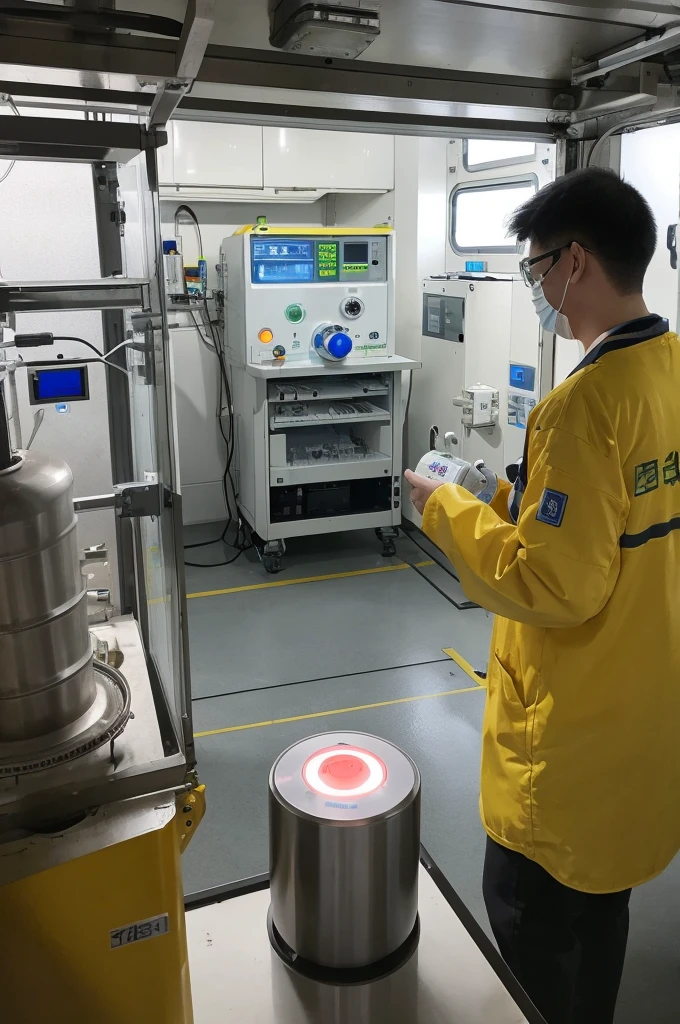 People holding a small nuclear reactor on the verge of exploding in a laboratory with their bare hands。The man saw this and ran to get the radiation detector.。