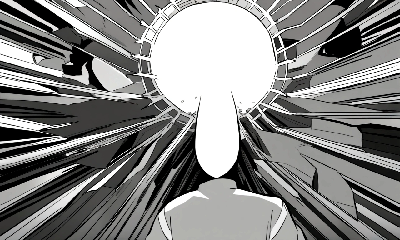 black and white drawing, The background of a clockwork device that looks like a giant woman collapsing., collapsing giant clockwork background, The clockwork shatters and falls apart., 26 year old male 1, black neat hair, wearing gray tracksuit, Slump
