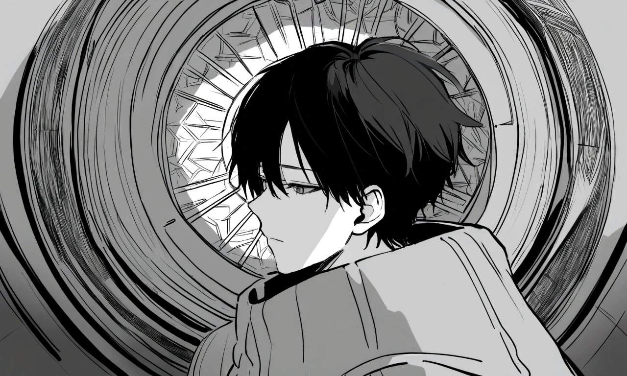 black and white drawing, The background of a clockwork device that looks like a giant woman collapsing., collapsing giant clockwork background, The clockwork shatters and falls apart., 26 year old male 1, black neat hair, wearing gray tracksuit, Slump