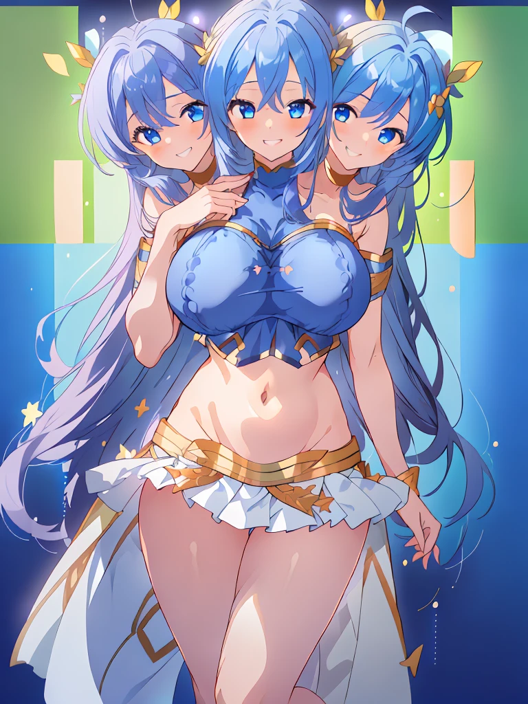 (masterpiece, best quality), best resolution, (3heads:1.5), 1girl, dark blue hair, long flowing hair, smiling, grinning, open belly, white-oblue crop top, white-blue miniskirt, open breasts, huge tits, sexy pose