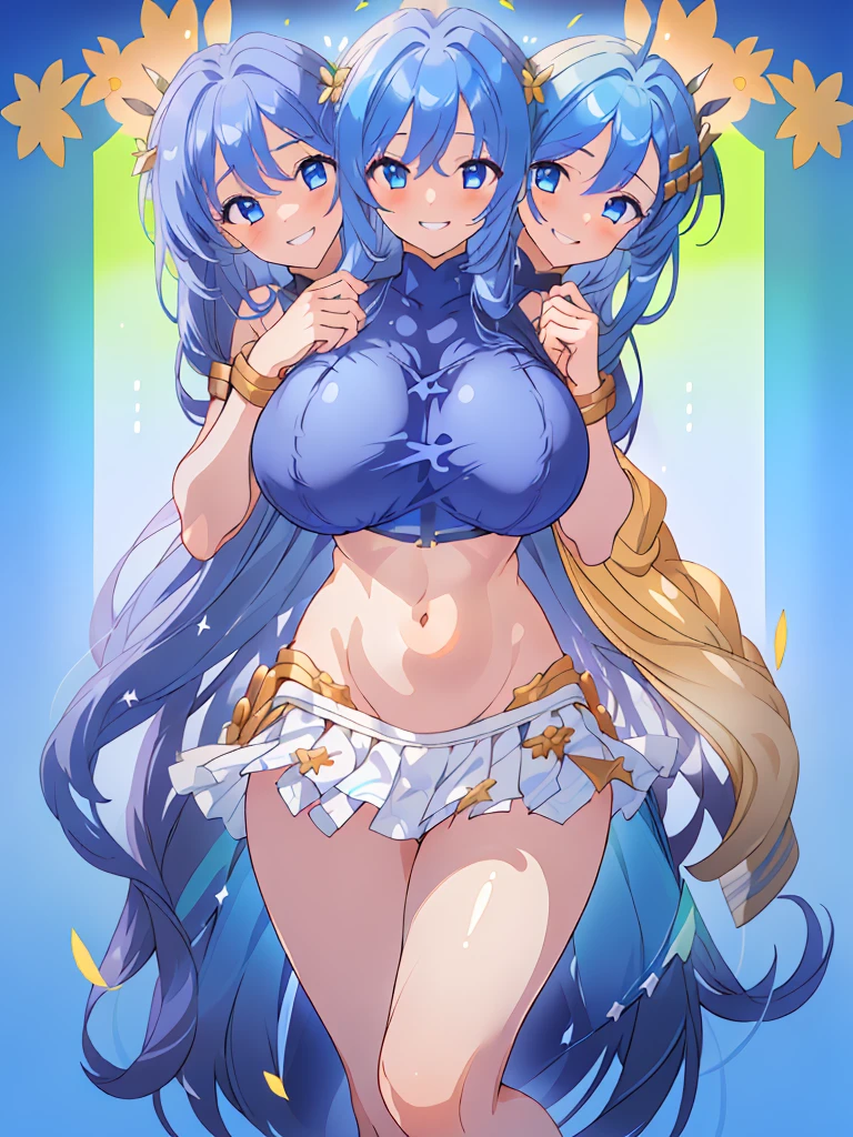 (masterpiece, best quality), best resolution, (3heads:1.5), 1girl, dark blue hair, long flowing hair, smiling, grinning, open belly, white-oblue crop top, white-blue miniskirt, open breasts, huge tits, sexy pose
