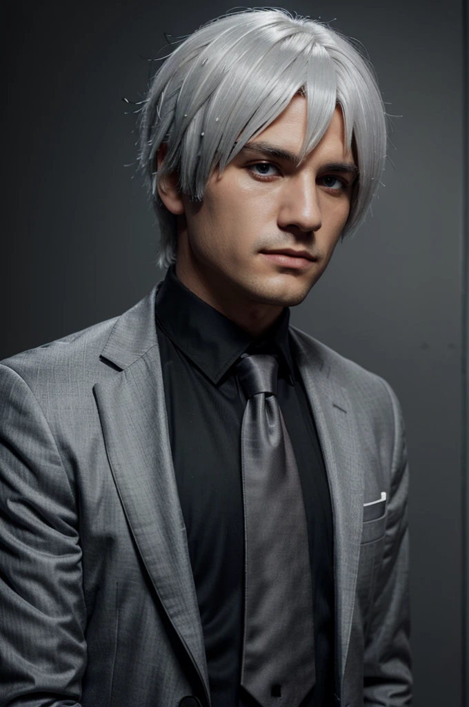 create minecraft fanart,a man,white hair covering one eye,wearing a gray tie,wearing a black jacket,background render,size 1280 x 1280
