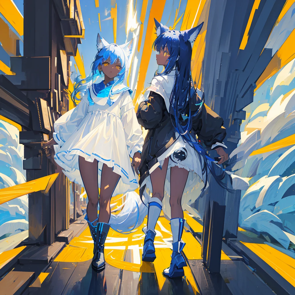 A dark-skinned black , little 11 year old, with long, voluminous blue hair, yellow eyes, a white dress and blue boots, with wolf ears and tail Make her run after a furry white rabbit