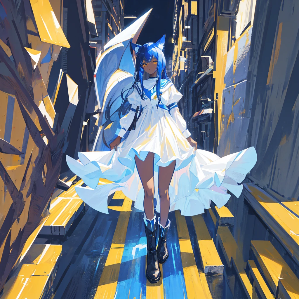 A dark-skinned black , little 11 year old, with long, voluminous blue hair, yellow  eyes, a white dress and blue boots, with wolf ears and tail Make her run after a furry white rabbit 