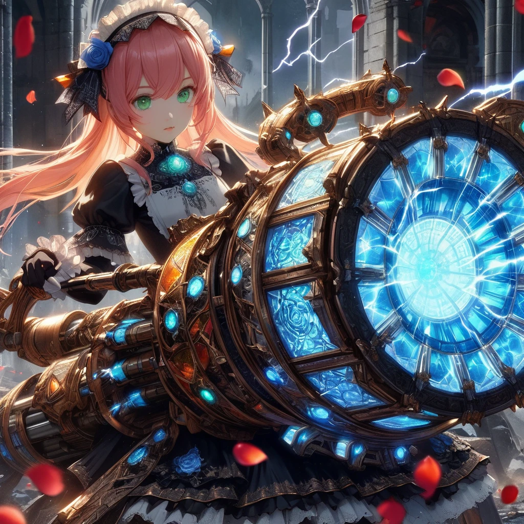 High-resolution rendering、Pink-haired, green-eyed black maid with a giant volt cannon、A gigantic Volt Cannon that is significantly larger than her head.、Detailed Vault Cannon、Blue and orange volt cannon。The Vault Cannon is engraved with intricate geometric stained glass patterns.、Shooting lightning。She points the Volt Cannon at the viewer.。Full Body Shot。In the background, it is pitch black with ruins.、The falling rose petals create a fantastic atmosphere.。An anime with delicate lines drawn using soft brushstrokes like watercolorultiple cels are layered to create the texture of ink.。Quality depicted through pinpoint detail。Full Body Shot