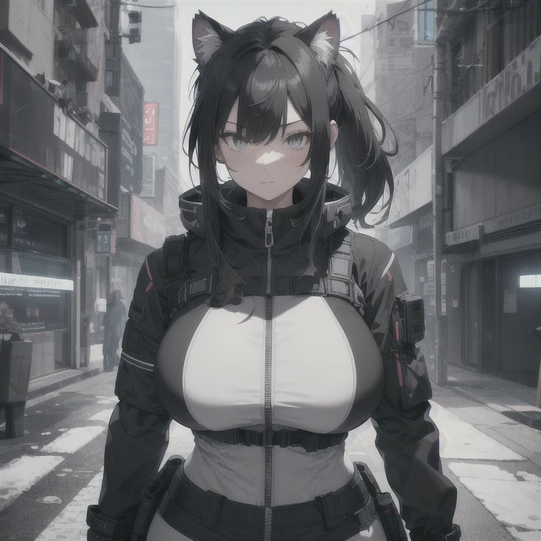 Absurd resolution, high resolution, (masterpiece: 1.4), hyper-detail, full body shot, solo, 1 kemono feline cat woman, humanoid, no skin other than neck and head shown, black hair, messy ponytail, cute face, detailed soft grey eyes, huge massive hyper super swollen heavy breasts, breasts so big that cover her whole torso and are bigger than her head while being so big they reach her belly button, extremely super large swollen perky heavy bust, super huge enormously gigantic tits, gigantic bursting out of her top, inflated breasts, breasts_expansion, super gigantic swollen heavy tits, wide full hips, narrower torso and shoulders, smaller torso, full thicc big soft thighs, thicc thighs, big rounded full soft butt, thicc butt, ruggedized utility styled outfit, fully insulated suit, full body outfit coverage with no skin showing or revealed, airtight/watertight zippers and seals, scifi monochrome black and grey fullbody covering protective padding rugged loose-fitted pilot utility suit, white zipped utility cropped top for breasts support with a black strap horizontal across cleavage worn on top of suit, tactical strategic angular-patterned protective padding on hips and thighs and abdomen, practical/functional clothing, weather-proof durable clothing material, nylon clothing material, custom made clothing to fit and support large breasts, scifi padded rugged rigid high collar techwear jacket, armored high collar, white and black triangular decals and techwear iconography on apparel and clothing, techwear gloves, arm mounted strapped display scifi tablet/communication device/computer, ruggedized tech, ruggedized tech aesthetic, fitted utility pants, utility chaps, near future scifi, cyberpunk aesthetic, anime aesthetic