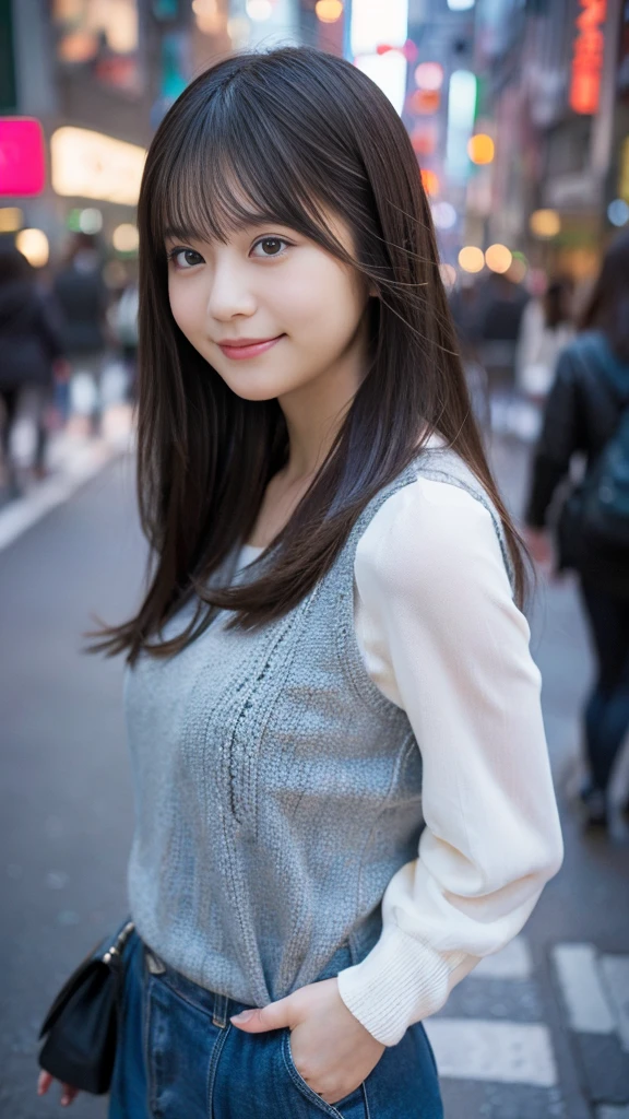 1 girl、on tokyo street、A city scape、The upper part of the body、a closeup、A smile、8K、Raw photography、top-quality、​masterpiece:1.2)、(realisitic、photoRealstic:1.37)、Highly detailed eyelash drawing、(((Top image quality))),Colossal 、Fine skin, (Beautiful hair), (Perfect Anatomy), (Realistic), (Dynamic Angle), Pose Seductive,Perfect,Sensual look、top-quality、hight resolution、smile、smile