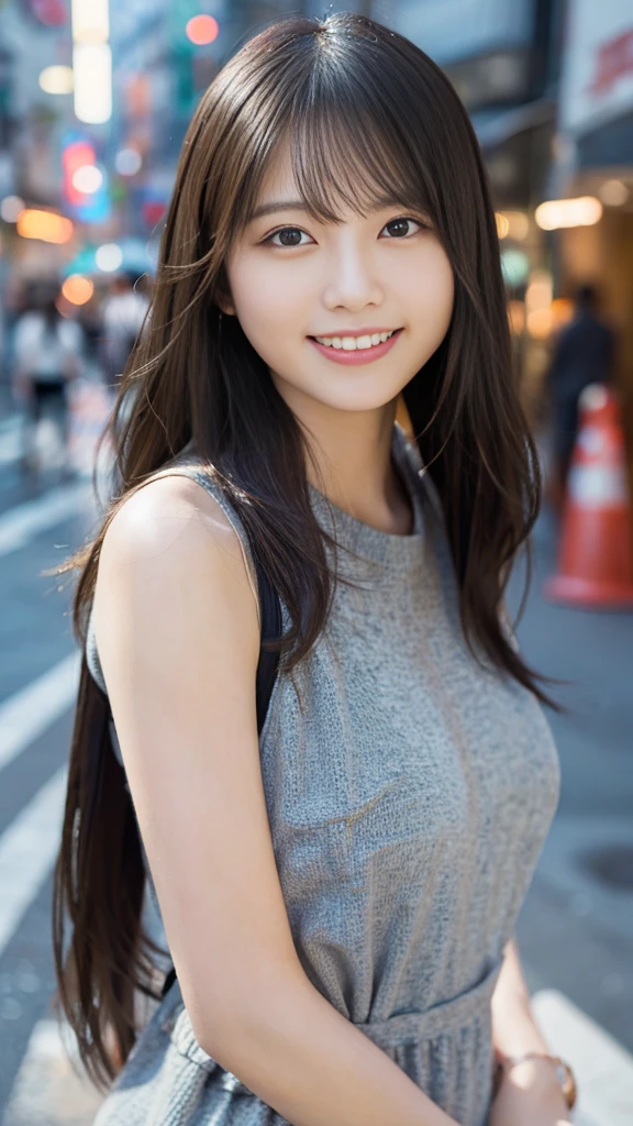 1 girl、on tokyo street、A city scape、The upper part of the body、a closeup、A smile、8K、Raw photography、top-quality、masterpiece:1.2)、(realisitic、photoRealstic:1.37)、Highly detailed eyelash drawing、(((Top image quality))),Colossal 、Fine skin, (Beautiful hair), (Perfect Anatomy), (Realistic), (Dynamic Angle), Pose Seductive,Perfect,Sensual look、top-quality、hight resolution、smile、smile