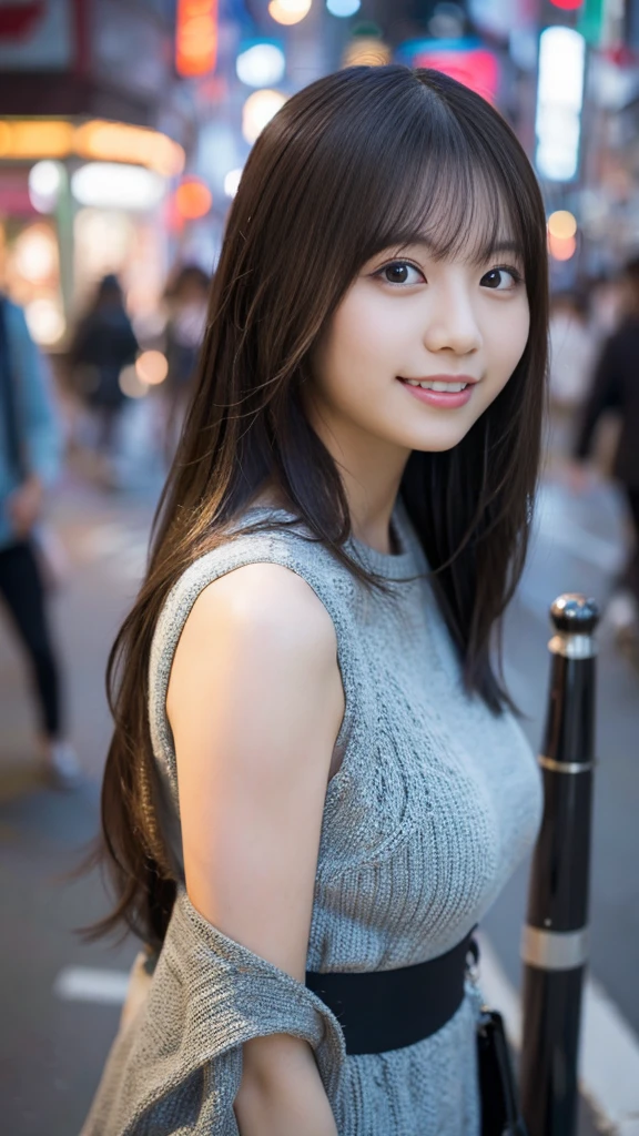 1 girl、on tokyo street、A city scape、The upper part of the body、a closeup、A smile、8K、Raw photography、top-quality、​masterpiece:1.2)、(realisitic、photoRealstic:1.37)、Highly detailed eyelash drawing、(((Top image quality))),Colossal 、Fine skin, (Beautiful hair), (Perfect Anatomy), (Realistic), (Dynamic Angle), Pose Seductive,Perfect,Sensual look、top-quality、hight resolution、smile、smile