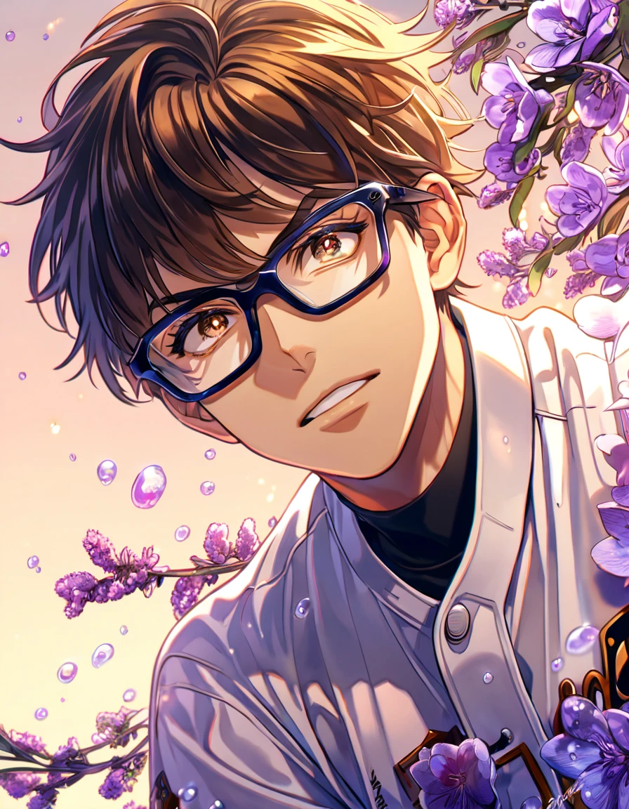 absurdres, highres, ultra detailed, HDR, master piece, best quality, Miyuki Kazuya, brown hair, messy and windswept, expressive amber eyes, Diamond No Ace, solo, sexy man, handsome, glasses with black frames, white baseball uniform, fantasy, purple moon, purple flowers, purple blossoms, purple petals, fireflies
