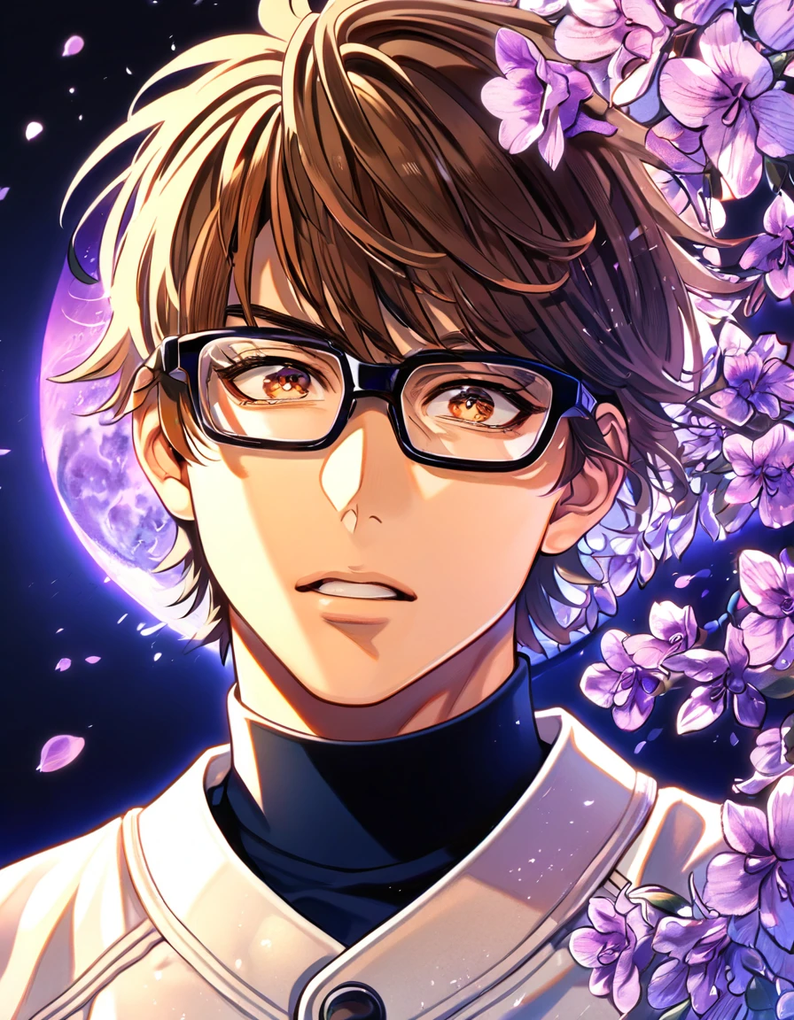 absurdres, highres, ultra detailed, HDR, master piece, best quality, Miyuki Kazuya, brown hair, messy and windswept, expressive amber eyes, Diamond No Ace, solo, sexy man, handsome, glasses with black frames, white baseball uniform, fantasy, purple moon, purple flowers, purple blossoms, purple petals, fireflies