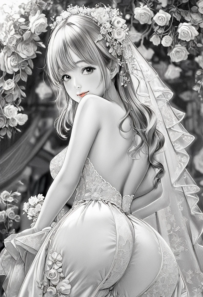 BREAK Perfect Anatomy、(High resolution:1.2)、Incredible illustrations、(Cute illustrations:1.2)、(beautiful ass)(Beautiful background)June Bride (pencil drawing:3.0)
