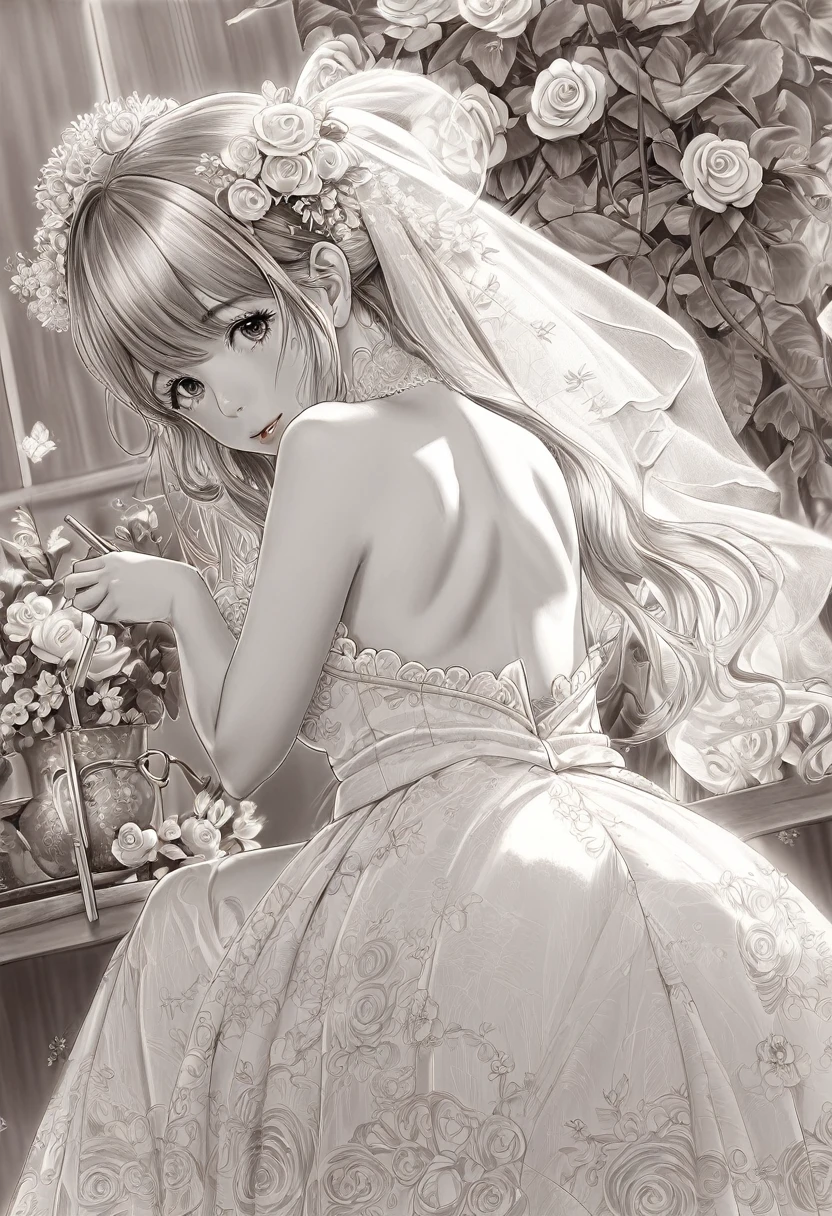 BREAK Perfect Anatomy、(High resolution:1.2)、Incredible illustrations、(Cute illustrations:1.2)、(beautiful ass)(Beautiful background)June Bride (pencil drawing:3.0)