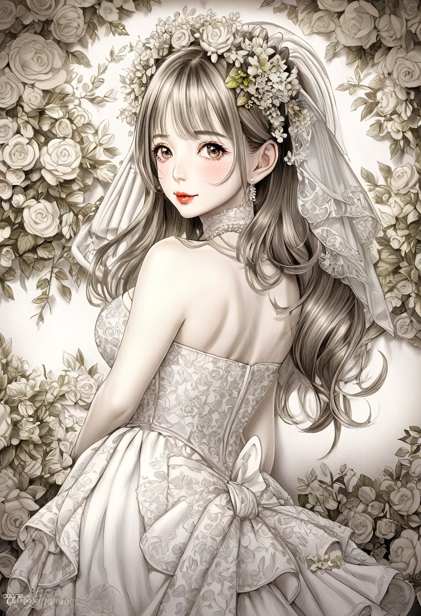 BREAK Perfect Anatomy、(High resolution:1.2)、Incredible illustrations、(Cute illustrations:1.2)、(beautiful ass)(Beautiful background)June Bride (pencil drawing:3.0)