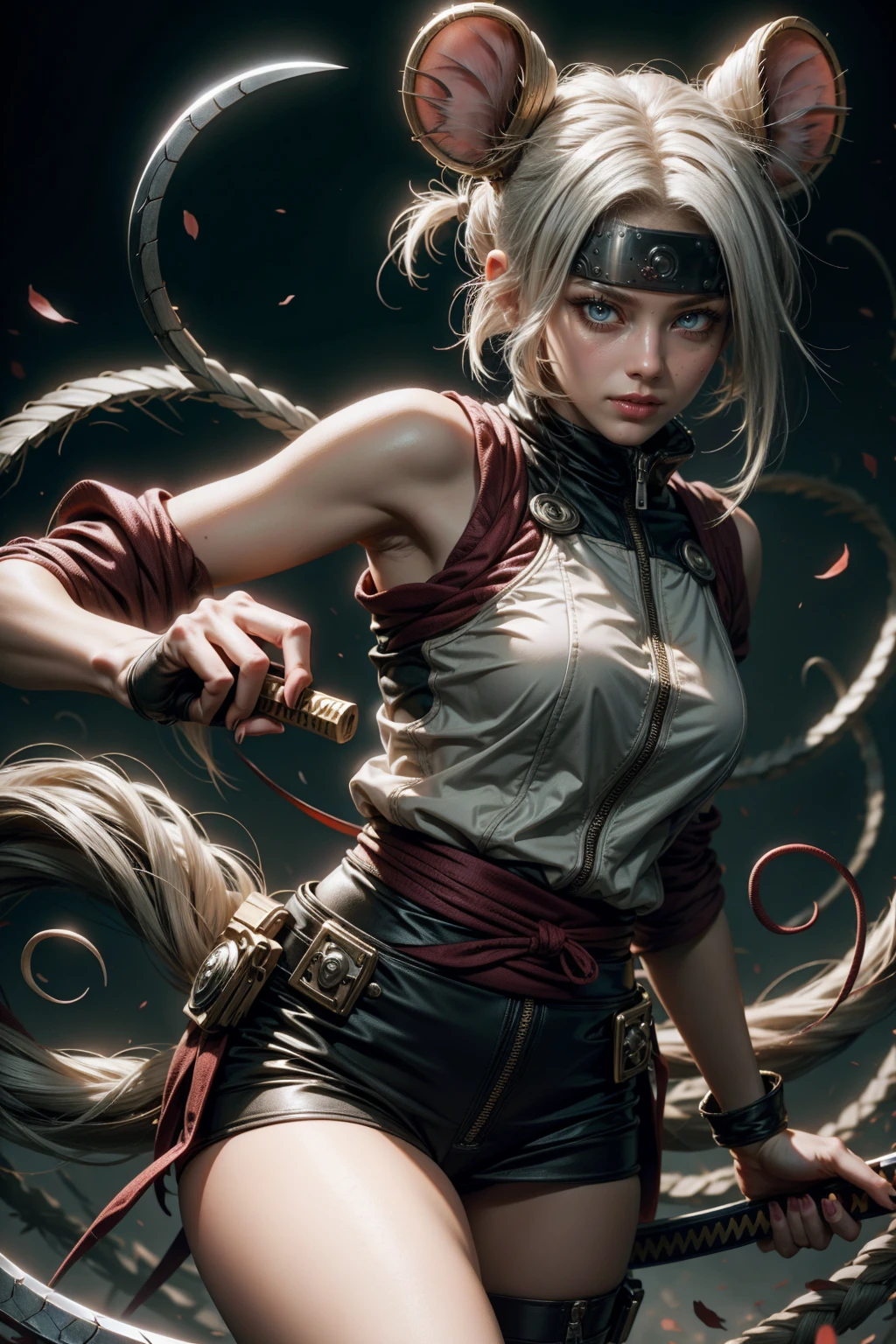 Sexy ninja girl in white clothes, White hair, blue details, blue setting with mouse ears, with a katana, and naruto jutsu hand sign
