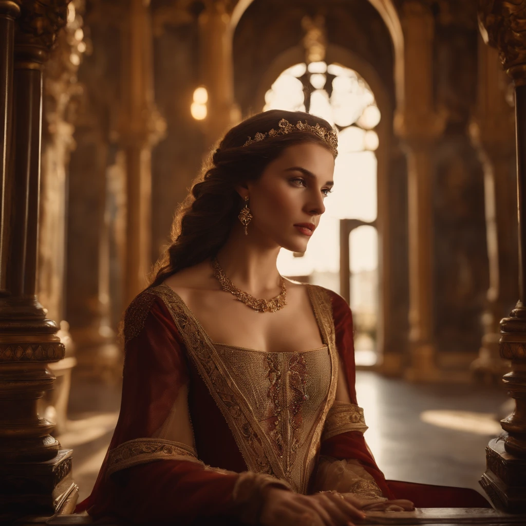 a beautiful young woman,Basilia Casablanca,queen of the kingdom of Unam,brown hair,fair skin,17th century,palace interior,elegant baroque dress,intricate lace details,ornate gold crown,delicate jewelry,serene facial expression,flowing fabric,dramatic lighting,chiaroscuro effect,grand throne room,ornate columns,stained glass windows,richly decorated walls,antique furniture,classical painting style,cinematic composition,photorealistic,extremely detailed,8k,masterpiece