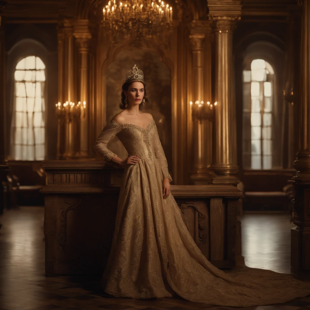 a beautiful young woman,Basilia Casablanca,queen of the kingdom of Unam,brown hair,fair skin,17th century,palace interior,elegant baroque dress,intricate lace details,ornate gold crown,delicate jewelry,serene facial expression,flowing fabric,dramatic lighting,chiaroscuro effect,grand throne room,ornate columns,stained glass windows,richly decorated walls,antique furniture,classical painting style,cinematic composition,photorealistic,extremely detailed,8k,masterpiece