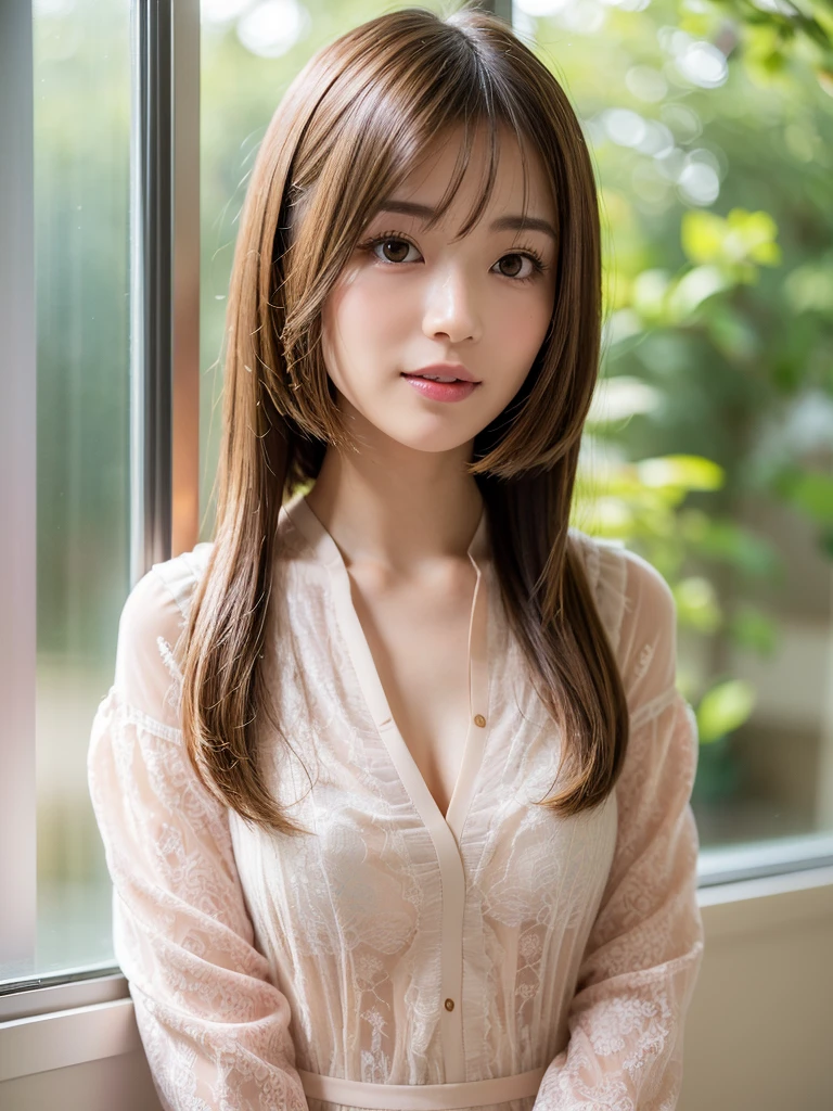 super highest quality, face focus, soft light, ultra high resolution, (realistic:1.4), RAW photo,
1 Japanese girl, alone, cute, (pupil, There&#39;There&#39;s a light in my eyes),  (detailed beautiful face:1.3)  ((High resolution details of human skin texture:1.3)
(long hair),
indoor,
Damask Shirt Dress, (Beautiful straight bob hair styled down to the tips:1.3)  elegant and neat　　intelligent and stylish
(portrait)  High definition focus on pupil　diffused light from window　beautiful gradation　gentle smile　Beautiful gradation