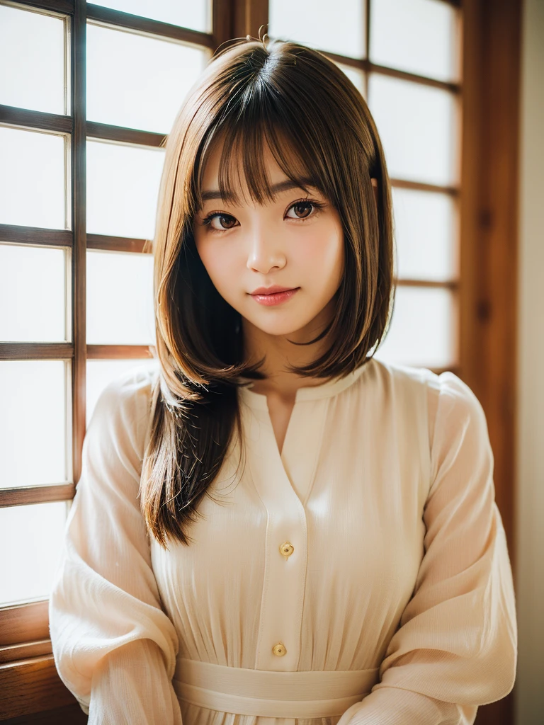 super highest quality, face focus, soft light, ultra high resolution, (realistic:1.4), RAW photo,
1 Japanese girl, alone, cute, (pupil, There&#39;There&#39;s a light in my eyes),  (detailed beautiful face:1.3)  ((High resolution details of human skin texture:1.3)
(long hair),
indoor,
Damask Shirt Dress, (Beautiful straight bob hair styled down to the tips:1.3)  elegant and neat　　intelligent and stylish
(portrait)  High definition focus on pupil　diffused light from window　beautiful gradation　gentle smile　Beautiful gradation