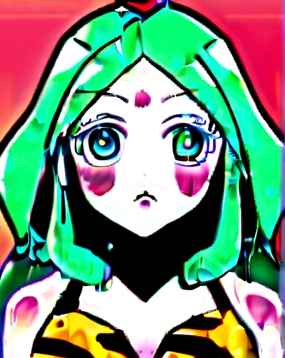One girl, Sugar Queen, Tiger print bikini, anime「Urusei Yatsura」,Ram,Ghost Girl,Delicate eyes,Vibrant colors,Green long hair,Cute Background