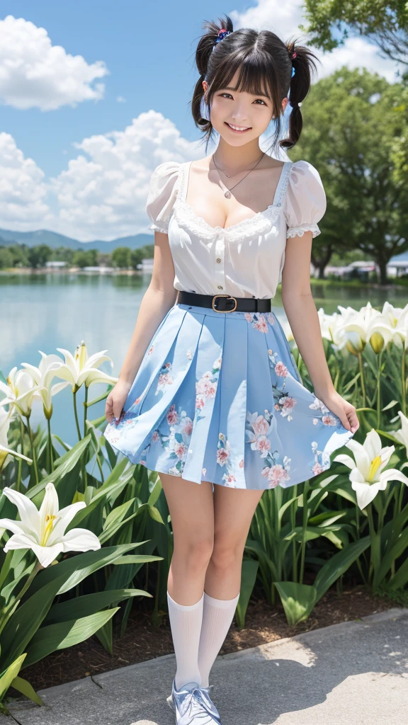 Japanese, high school girl, brown eyes, smiling face, young face, black hair, pigtails, blue ribbon hair ornament, cleavage, necklace, floral short-sleeved blouse, silver belt, floral pleated skirt, white socks, blue shoes, blue sky and white cumulonimbus clouds, standing in front of a lily flower bed, plateau scenery, lakeside, nostalgic scenery, summer scenery, refreshing feeling