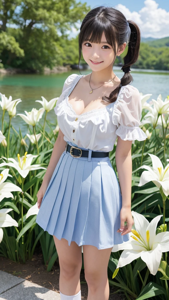 Japanese, high school girl, brown eyes, smiling face, young face, black hair, pigtails, blue ribbon hair ornament, cleavage, necklace, floral short-sleeved blouse, silver belt, floral pleated skirt, white socks, blue shoes, blue sky and white cumulonimbus clouds, standing in front of a lily flower bed, plateau scenery, lakeside, nostalgic scenery, summer scenery, refreshing feeling
