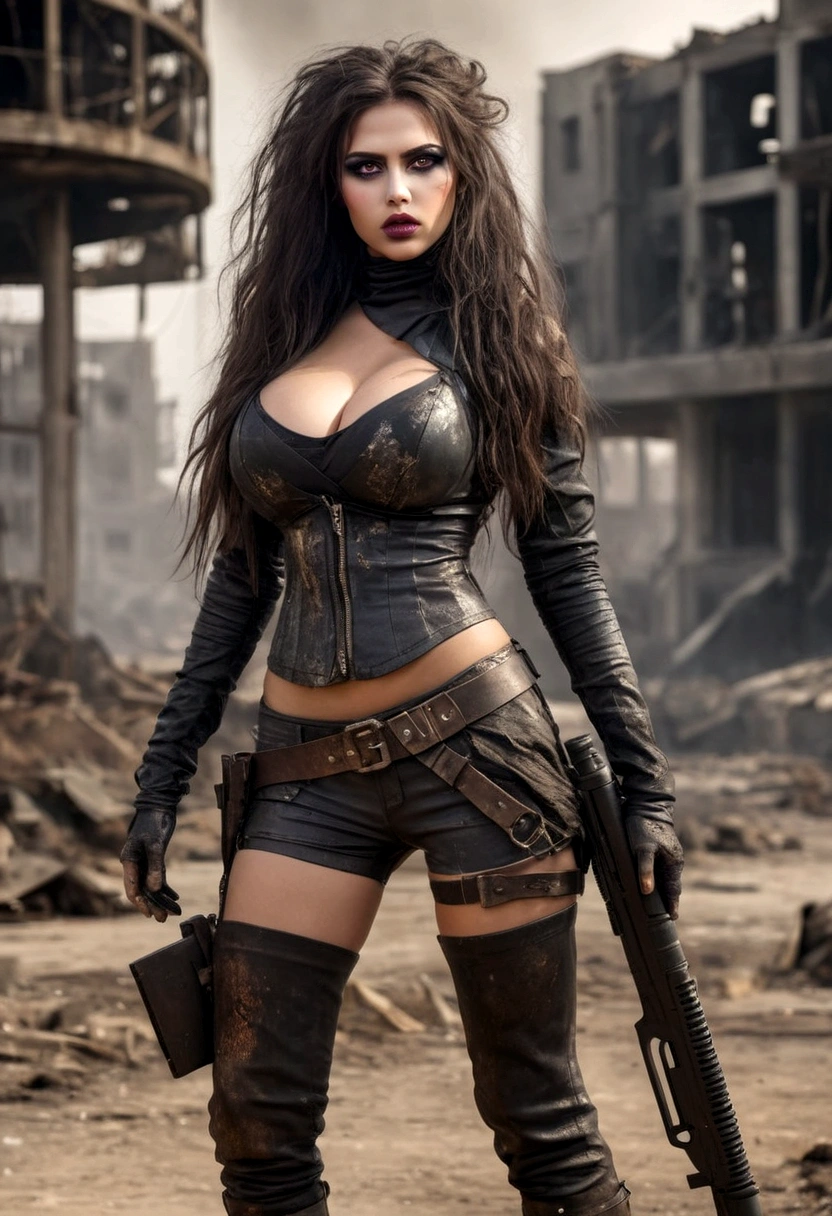 Megan Fox medium chest, pants, rivets, holsters, big gun, long black hair, sunglasses, in the ruins