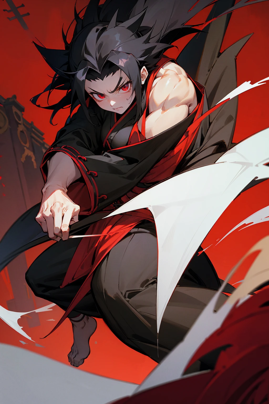 Masterpiece Quality, Perfect Generation,  Sclera, Detailed Eyes, , Red And Black Long Spiky Hair, Muscular, Black Haori, Bored Expression, , Full Body, Demon Slayer, Temple Background, 
