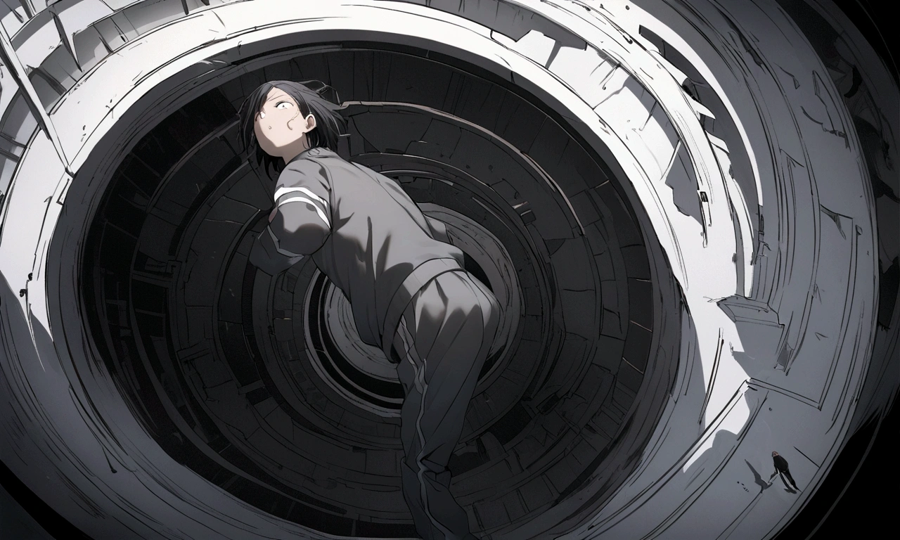 black and white drawing, The background of a clockwork device that looks like a giant woman collapsing., collapsing giant clockwork background, The clockwork shatters and falls apart., 26 year old male 1, black neat hair, wearing gray tracksuit, Slump