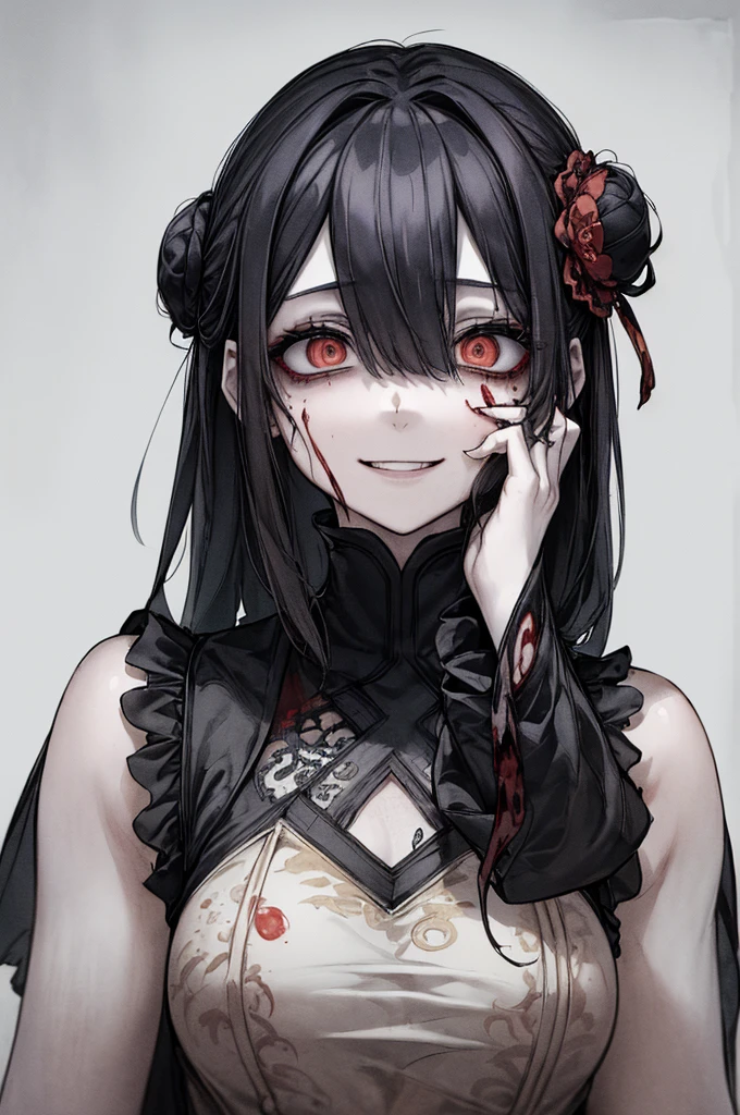 (masterpiece: 1. 2, Highest quality), (Actual photo, Intricate details), (1 female, Upper Body, With eyes wide open, Scary atmosphere, Distorted facial expressions, 邪悪なsmile, Bleeding from the eyes, Blood splatter, whole body, China dress, Twin-tailed bun、Black Hair, (Dark circles under the eyes), pale, Ill, Sickly, 邪悪なsmile, Crazy Eyes, ( smile), Dramatic makeup, Mixed Media Art, White Background