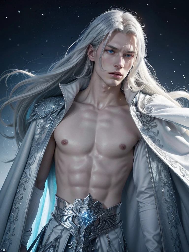 Appearance: Aelwin is tall and slender, with an imposing presence. His skin is pale as fresh snow, contrasting with his icy blue eyes that seem to penetrate the soul. His hair is long and silver, shining like ice in the sunlight. He wears a white cloak embroidered with silver thread and ice crystals, which seems to sparkle with every movement.