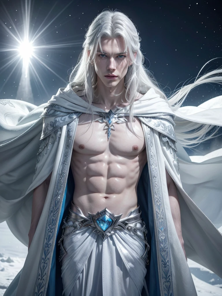 Appearance: Aelwin is tall and slender, with an imposing presence. His skin is pale as fresh snow, contrasting with his icy blue eyes that seem to penetrate the soul. His hair is long and silver, shining like ice in the sunlight. He wears a white cloak embroidered with silver thread and ice crystals, which seems to sparkle with every movement.