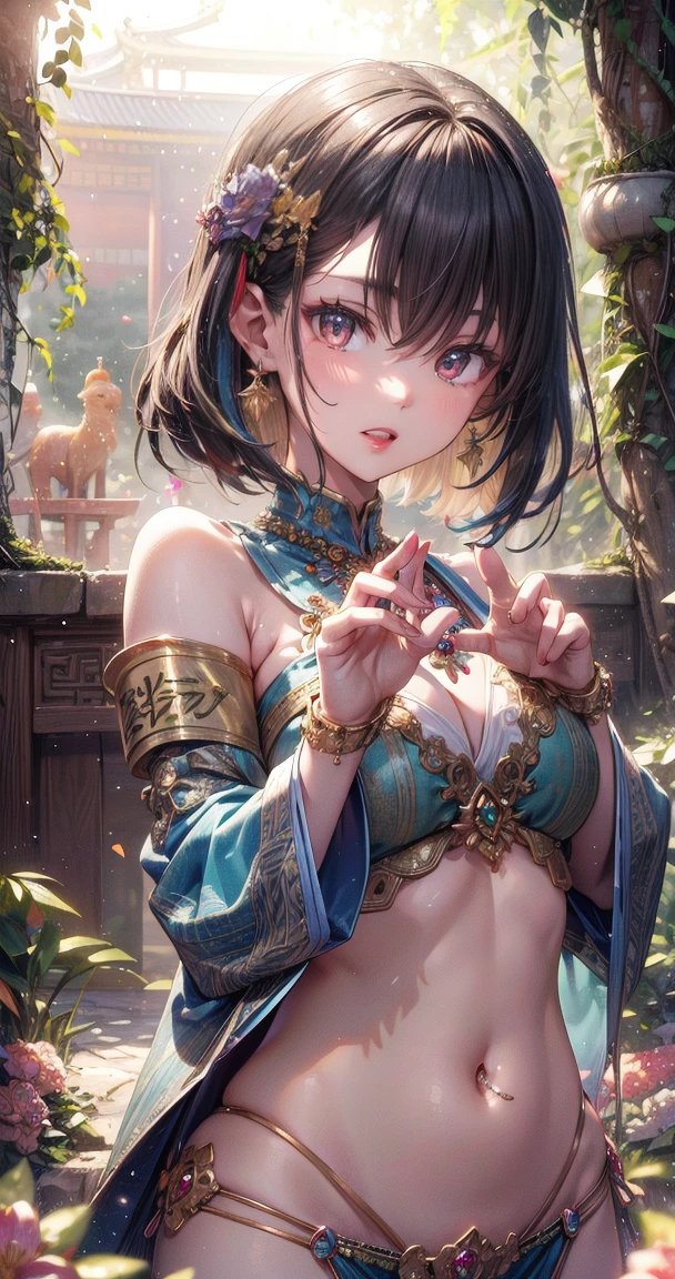 (Masterpiece:1.5), (((High qualityสุด, best quality, High quality))), ((complicated details, very detailed, Crazy details)), height, 32ก, Extremely detailed CG 8K unity wallpaper., (beautiful and beautiful:1.2),, (depth of field:1.3), (Flawless.:1.3), (Delicate depiction of details:1.4),
(((Abundant natural light, Delightful bright colors))), (Ambient volumetric backlight:1.5),  (Illustration of an extremely beautiful young woman:1.3),
(upper body:1.4), (perfect center:1.4), (Natural willow pose:1.5), (((dynamic poses, movie corner))),
(1milf:1.5), (alone:1.4),
beautiful beautiful face, [(detailed face:1.2):0.2], Bright eyes, Pure Rose Face_v1, ulzzang-6500-v1.1,  (gag:1.5), (red lips:1.4), (full lips:1.4), (smile:1.3),
Flawless attractive body, (((The feminine curves are pronounced.))), Skin glows brightly., realistic skin, hair follicles, (((Tightening belly, navel, Groin:1.3))),
(((Golden thread flutters.))), (Fringed tassels:1.3), (Tight long sleeves:1.4), (Single neck), (The invention shines.:1.5), (Elegant and intricate clothing accessories:1.5), (Embroidery work decorated with gems:1.4), (sparkling clothes:1.4), (sparkling particles:1.3), (((The front seam is sagging., Sagging back seam))), (((earring, armband, Hair clips, hair accessories))), (Stand alone in a magical outdoor garden decorated with gems and colorful exotic flowers and shrubs.:1.5), (Outside the great ancient palace:1.5), 