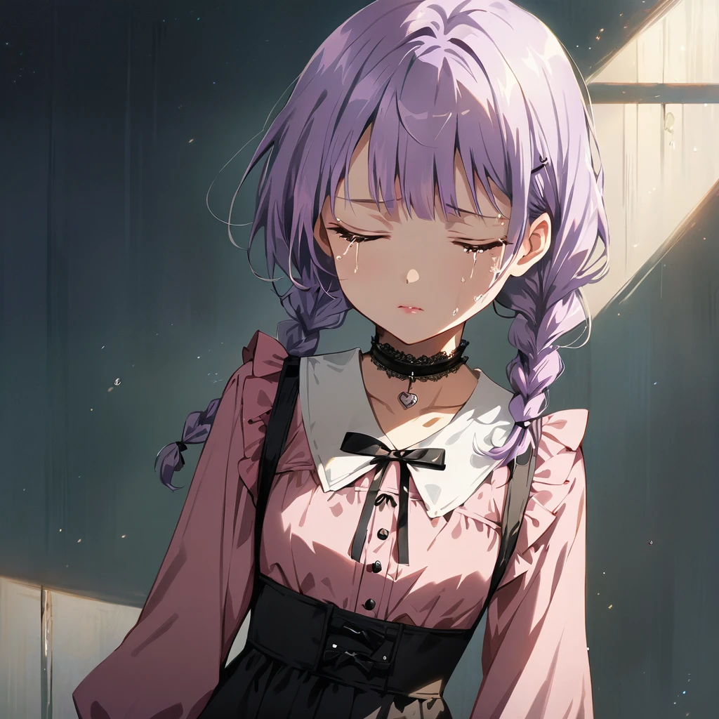 (Cute a girl:1.5), (a girl with closs hair pin,pale purple hair,wavy two braids,bluntbangs hair,green and black eyes,
pink shirt,cosplay, jirai kei, bangs, black skirt, black bow, looking at viewer, bow, long sleeves, choker, ribbon,pink lips,Thick-soled boots,fullbody shot :1.4),boots focus,
(masterpiece:1.3), anime visual, (Lovey-dovey:1.5), (tilt head:1.3), extremely delicate face, soft clean focus, realistic lighting and shading, (an extremely delicate and beautiful art:1.3), elegant, (muted colors:1.1), small breast,slim,The girl closes her eyes and cries out loud,