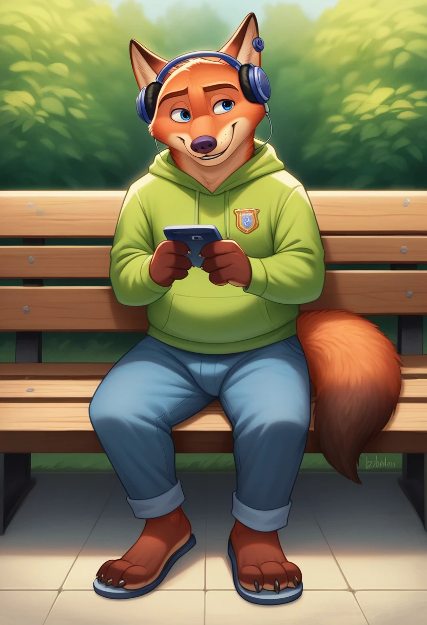 Hyperrealist art, furry portrait, vivid colours, full body picture, full figure image, masterpiece, best quality, high resolution, brawny barefoot Gideon Grey blue eyes Zootopia, cute, beefy, chubby, male fox, redish fur, longer fur on cheeks, side part hair style, shorter snout) in casual teens clothes hoodie, long pants,shoes,sandals high heels, sitting on park bench, detailed nice feet with short claws, watching video on smartphone, red glow in his eyes, smiling, Earplug Headphones. detailed background, anatomically correct, 8k, (wide dynamic range, dynamic angles and pose:1.2), sharp, focused, (DOA):1.23, (Particle),(author:by Jackaloo)