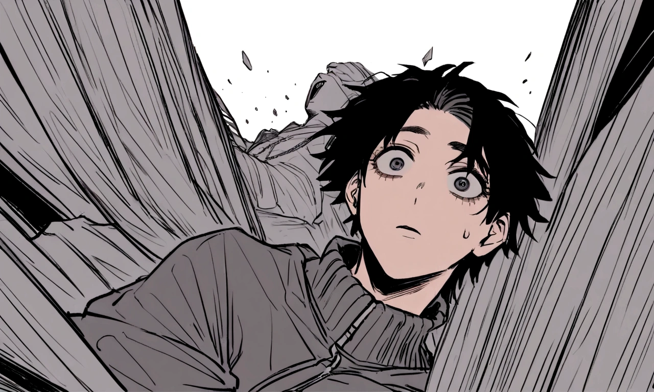 black and white drawing, The background of a clockwork device that looks like a giant woman collapsing., collapsing giant clockwork background, The clockwork shatters and falls apart., 26 year old male 1, black neat hair, wearing gray tracksuit, Slump
