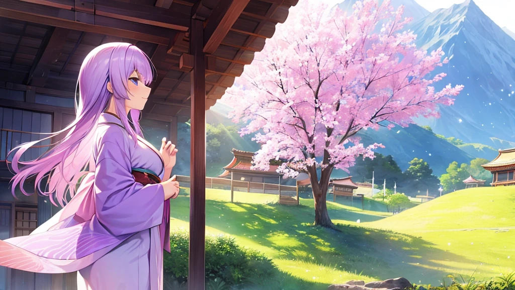 woman clear Light purple hair kimono Anime Style Mountain village