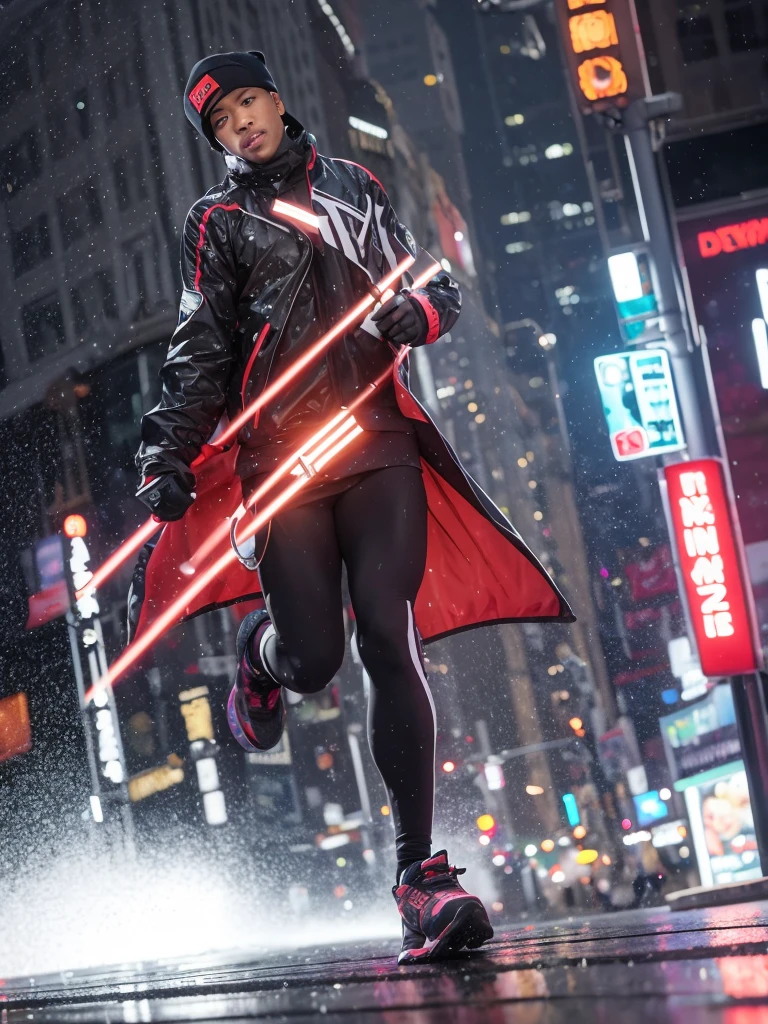 Jran gunhilldr from genshin impact running in the street of new york in the wet weather