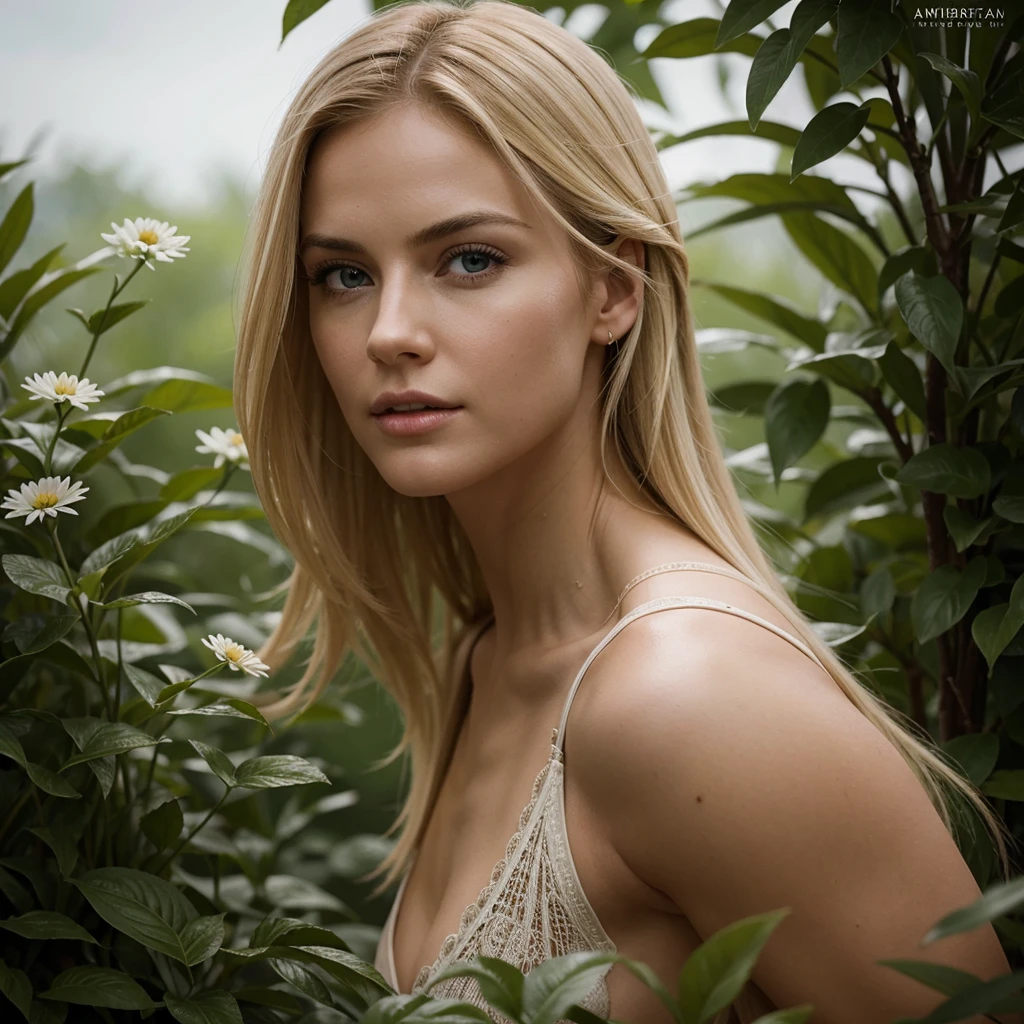 Ultra-realistic action scenes of a beautiful blonde woman taking a detailed look at American flora and fauna. "Adds highly accurate detail to plants., animal, Columbus&#39; shocked expression&#39;Face, 8K, Cinematic Light, Realistic photos, Octane Rendering, Centered, masterpiece, 35mm,