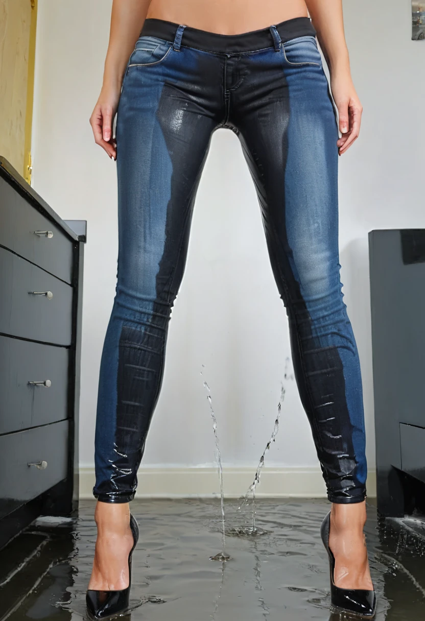 attractive blonde woman, ((sky blue skinny jeans)), high heel pumps, black sports bra, standing in a bedroom, wetting, big smile, pee stains are gleaming wet, pee run down legs, shoes flooded with pee, show heels, (((head in frame:1.4))), lower legs of jeans soaking wet, a stream of pee flows between her legs