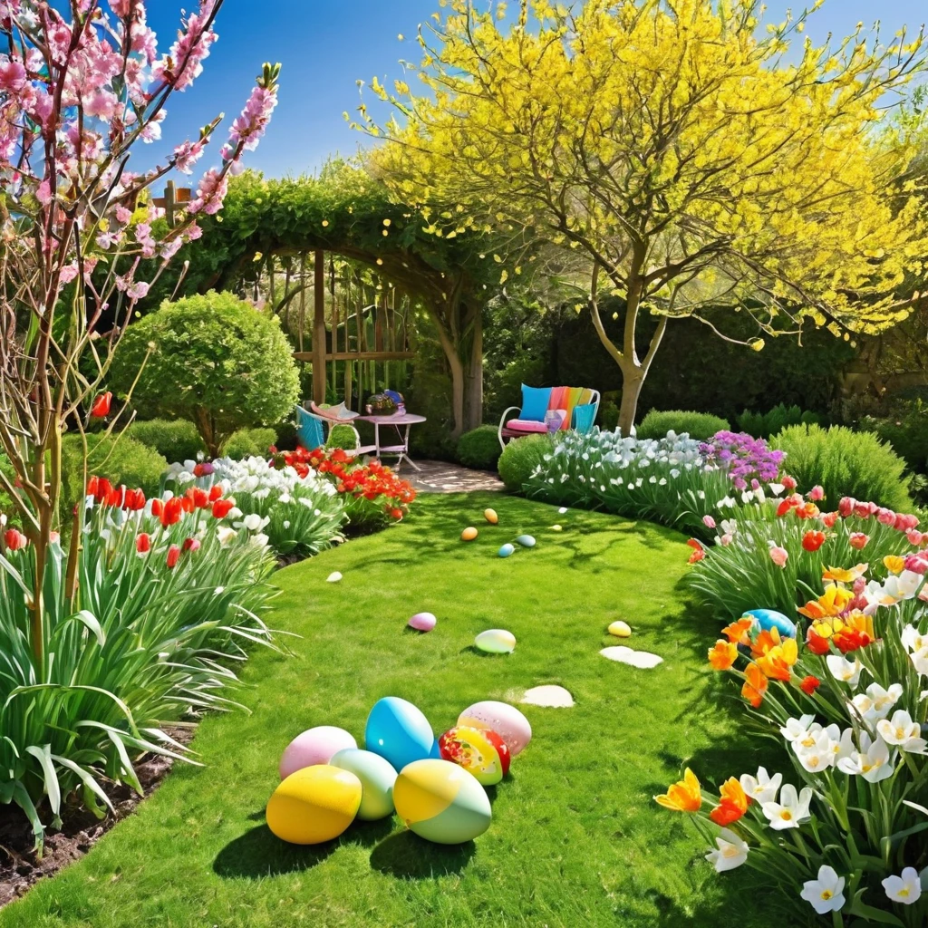 Illustrate a vibrant Easter egg hunt in a sun-drenched garden, with children searching for hidden eggs among blooming flowers.