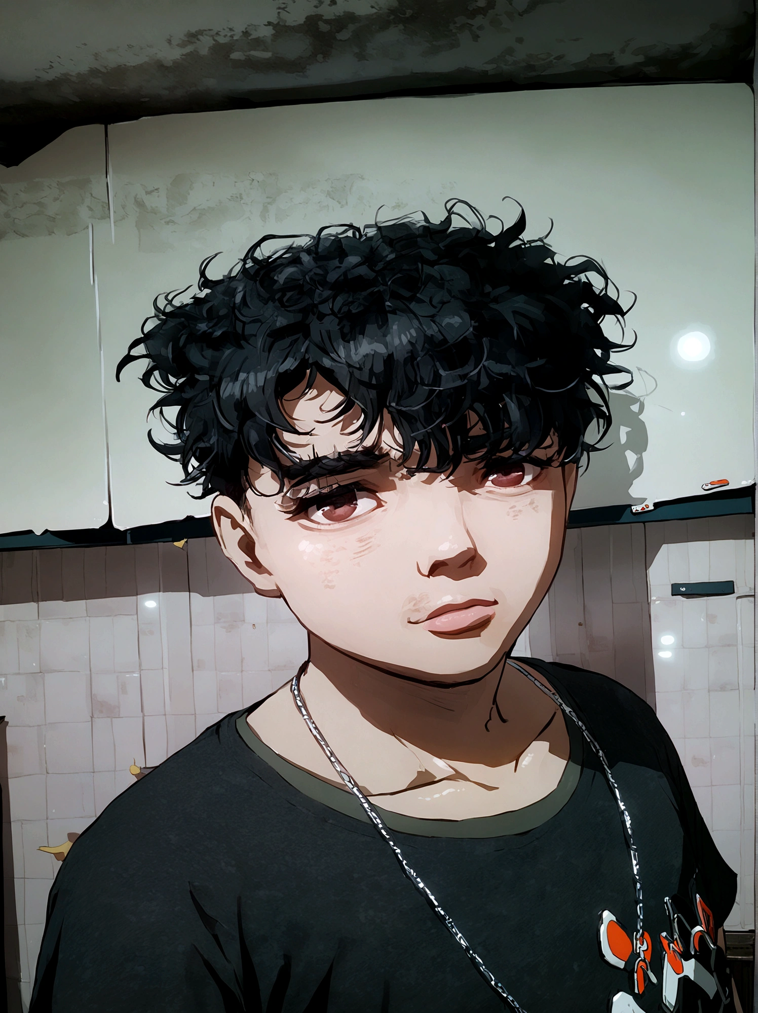 clear man, side shaved hair,  curly hair, curly hair, eyes browns, Bblack hair, side shaved hair