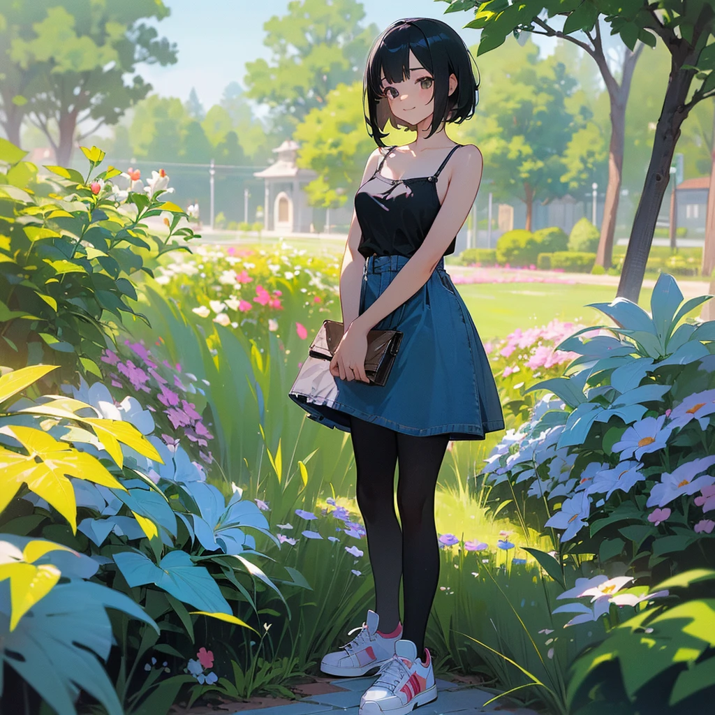 (high quality, High resolution, Very detailed, reality:1.37), Peaceful atmosphere, (Outdoor, garden), Teenage girl standing alone, (my breasts are big.), Beautiful details, Cute Smile, (Black bob hair), camisole, Denim skirt, Black tights, sneakers.