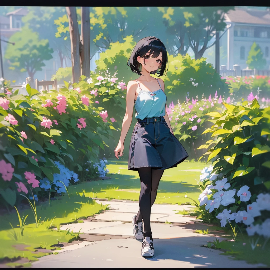 (high quality, High resolution, Very detailed, reality:1.37), Peaceful atmosphere, (Outdoor, garden), Teenage girl standing alone, (my breasts are big.), Beautiful details, Cute Smile, (Black bob hair), camisole, Denim skirt, Black tights, sneakers.
