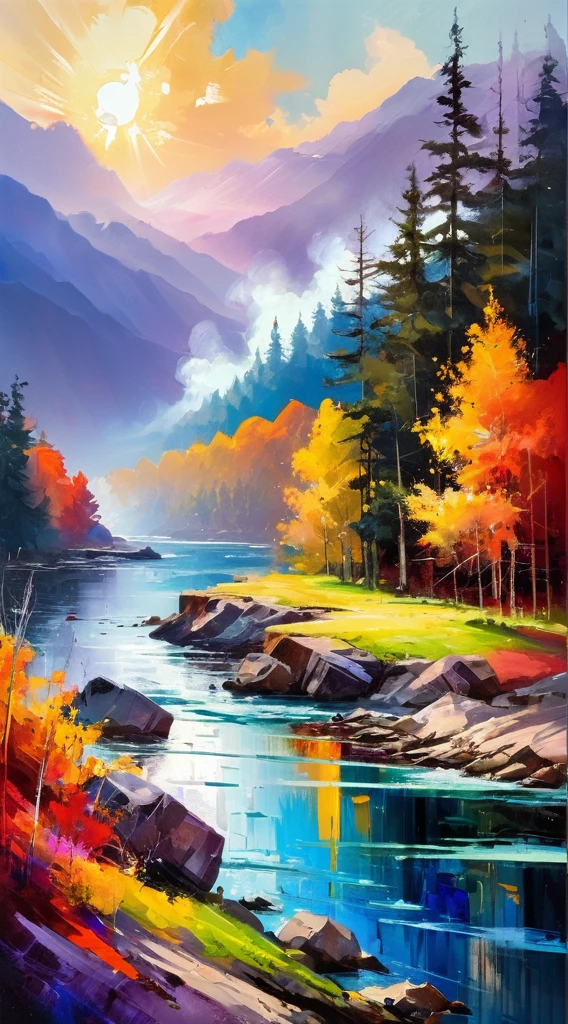 (((masterpiece))), ((ultra-detailed)), Abstract style landscape, smoke, in the sky, colorful and vibrant, mystical colors, contemporary impressionism, sweeping circling composition, UHD, HDR, 8K,  Non-representational, colors and shapes, expression of feelings, imaginative