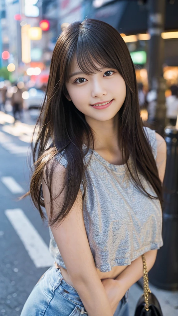 1 girl、on tokyo street、A city scape、The upper part of the body、a closeup、A smile、8K、Raw photography、top-quality、masterpiece:1.2)、(realisitic、photoRealstic:1.37)、Highly detailed eyelash drawing、(((Top image quality))),Colossal 、Fine skin, (Beautiful hair), (Perfect Anatomy), (Realistic), (Dynamic Angle), Pose Seductive,Perfect,Sensual look、top-quality、hight resolution、smile、smile