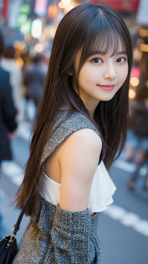 1 girl、on tokyo street、A city scape、The upper part of the body、a closeup、A smile、8K、Raw photography、top-quality、​masterpiece:1.2)、(realisitic、photoRealstic:1.37)、Highly detailed eyelash drawing、(((Top image quality))),Colossal 、Fine skin, (Beautiful hair), (Perfect Anatomy), (Realistic), (Dynamic Angle), Pose Seductive,Perfect,Sensual look、top-quality、hight resolution、smile、smile