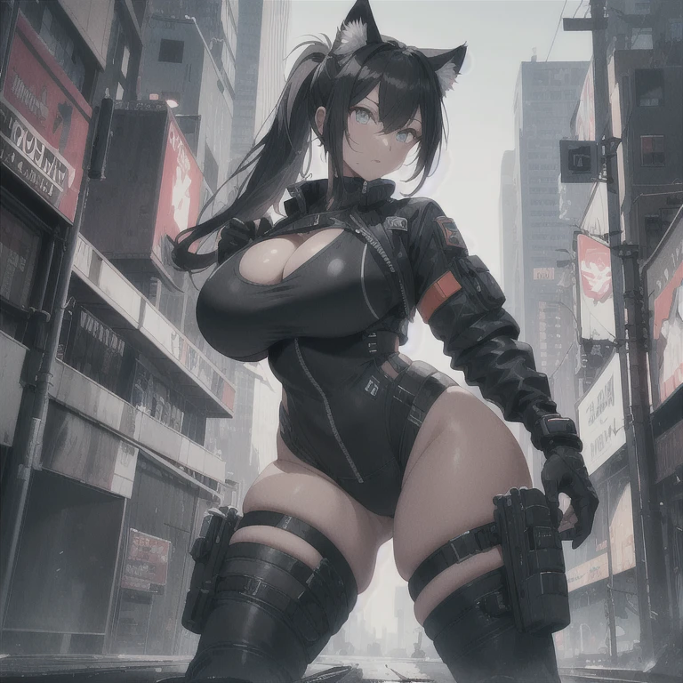 Absurd resolution, high resolution, (masterpiece: 1.4), hyper-detail, full body shot, solo, 1 kemono feline cat woman, humanoid, no skin other than neck and head shown, black hair, messy ponytail, cute face, detailed soft grey luminous eyes, huge massive hyper super swollen heavy breasts, breasts so big that cover her whole torso and are bigger than her head while being so big they reach her belly button, extremely super large swollen perky heavy bust, super huge enormously gigantic tits, gigantic bursting out of her top, inflated breasts, breasts_expansion, super gigantic swollen heavy tits, wide full hips, narrower torso and shoulders, smaller torso, full thicc big soft thighs, thicc thighs, big rounded full soft butt, thicc butt, ruggedized utility styled outfit, fully insulated suit, full body outfit coverage with no skin showing or revealed, airtight/watertight zippers and seals, scifi monochrome black and grey fullbody covering protective padding rugged loose-fitted pilot utility suit, white zipped utility cropped top for breasts support with a black strap horizontal across cleavage worn on top of suit, tactical strategic angular-patterned protective padding on hips and thighs and abdomen, practical/functional clothing, weather-proof durable clothing material, nylon clothing material, custom made clothing to fit and support large breasts, scifi padded rugged rigid high collar techwear jacket, armored high collar, white and black triangular decals and techwear iconography on apparel and clothing, techwear gloves, arm mounted strapped display scifi tablet/communication device/computer, ruggedized tech, ruggedized tech aesthetic, fitted utility pants, utility chaps, near future scifi, cyberpunk aesthetic, anime aesthetic