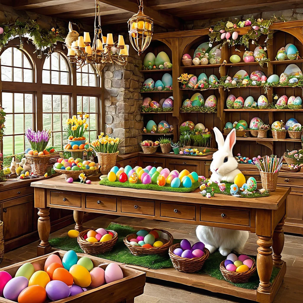 Create an enchanting scene inside the Easter Bunny's workshop, where colorful eggs are being hand-painted and filled with surprises
